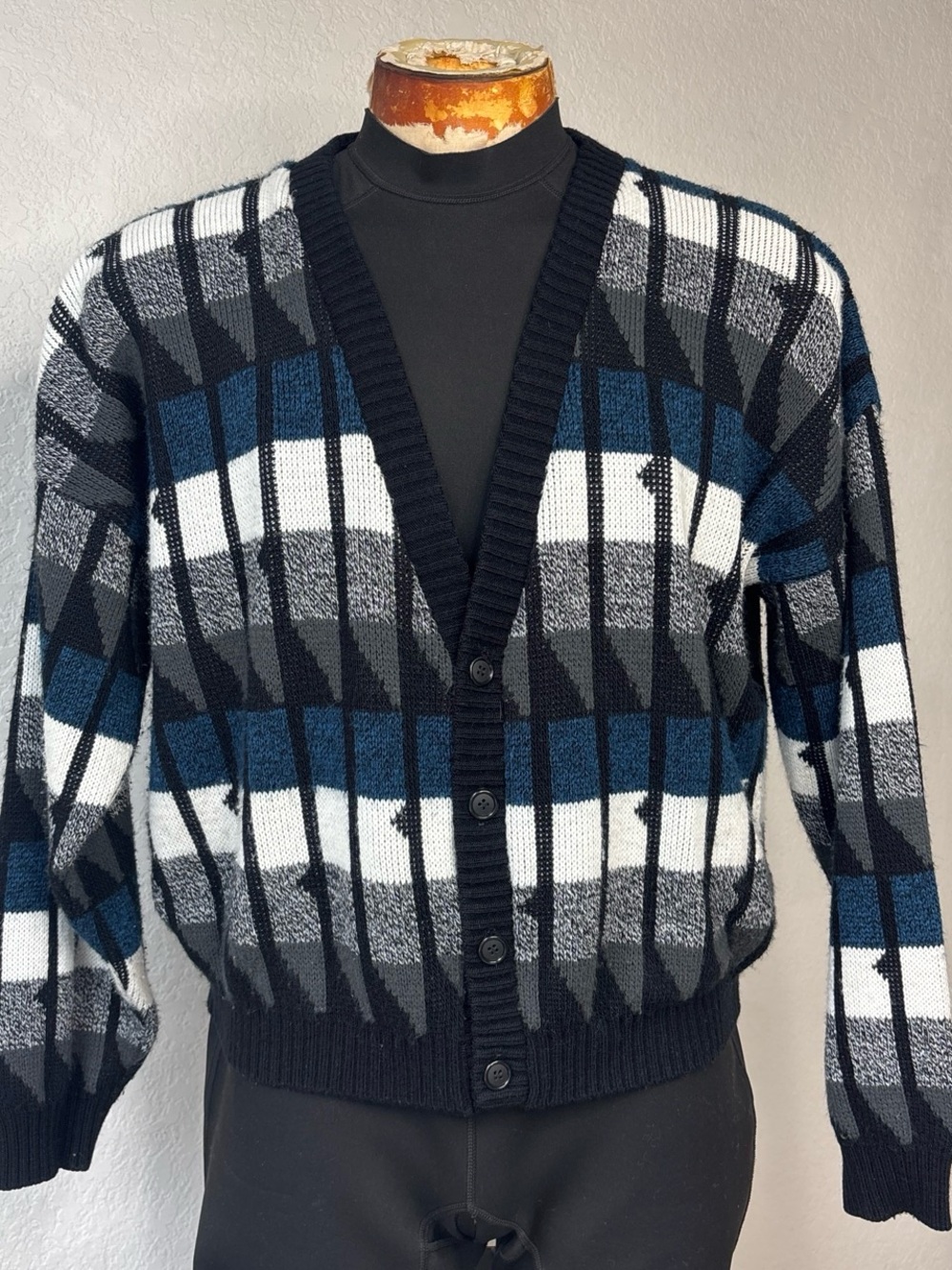 VTG 90s AREA Navy, Black, White & Gray Geometric Button Cardigan